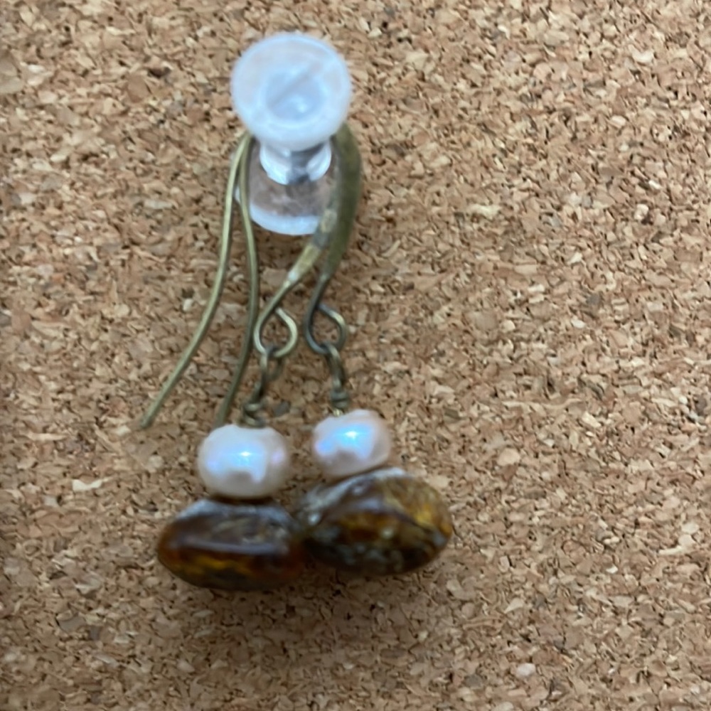 Amber and pink pearl earrings